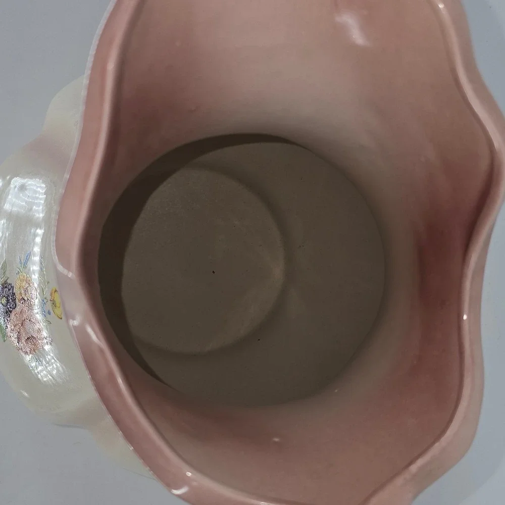 Vintage Pink Cream Floral Ceramic Pitcher Vase Ornate Scalloped Victorian Style